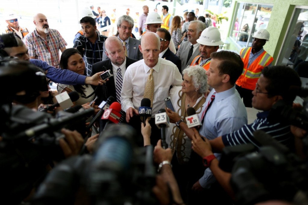 Florida Gov. Rick Scott (R) on March 9 in Hialeah, Fla. Recent reports indicate the governor allegedly issued orders for certain state agencies to not to use the term “climate change” or “global warming” in official communications, e-mails or reports. (Joe Raedle/Getty Images)